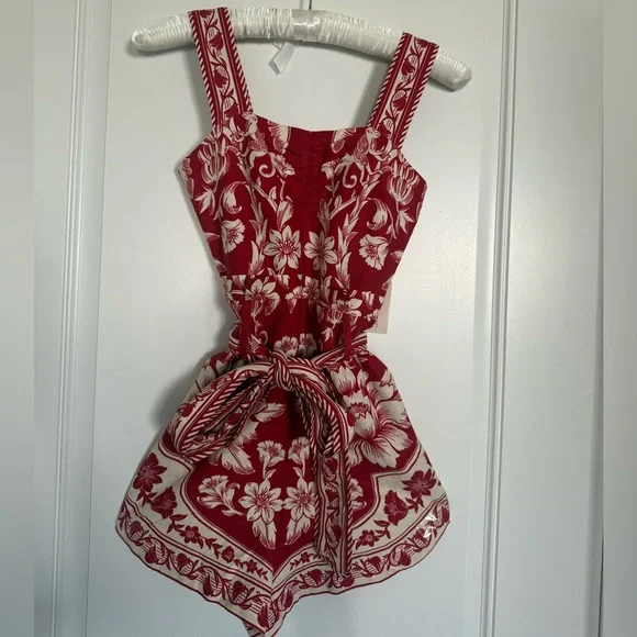 NWT Farm Rio Linen Blend Belted Romper – Red Floral (XXS)Anthropologie